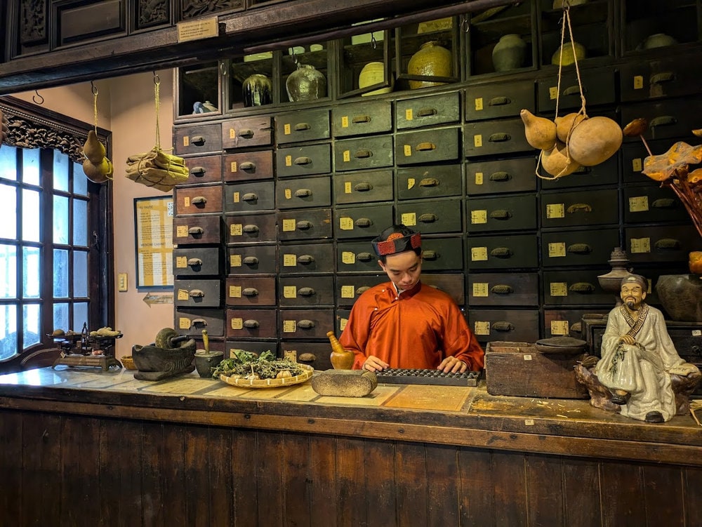 Neatly arranged wooden shelves hold an array of medicinal herbs